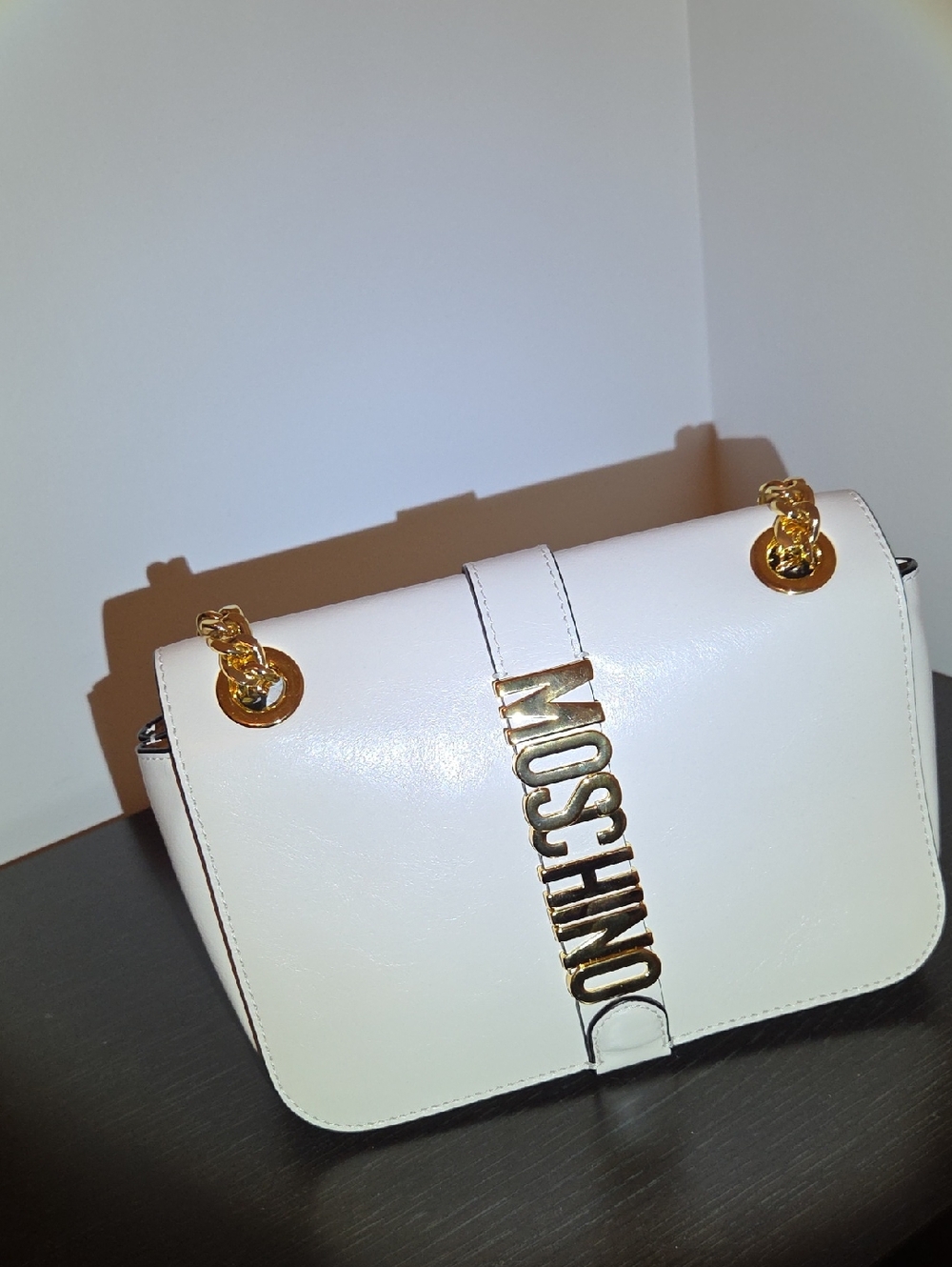 Moschino White Leather Crossbody with Gold Logo Chain